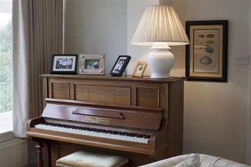 The living room has a piano with a view.