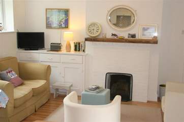 The cosy living room has an open fire.
