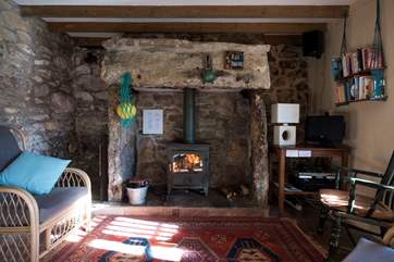 A roaring wood-burner in the sitting-area.
