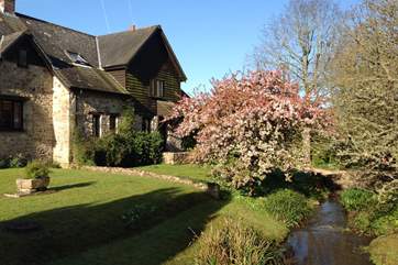 This charming little brook babbles along the front of Barley House, flows under the bridge and exits beside the end of the garden. Please supervise children at all times.
