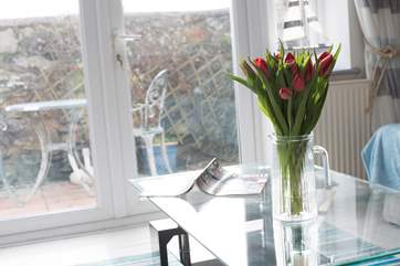 Through the patio doors to the terrace.
