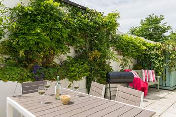 The sun-trap patio at the rear of the property.