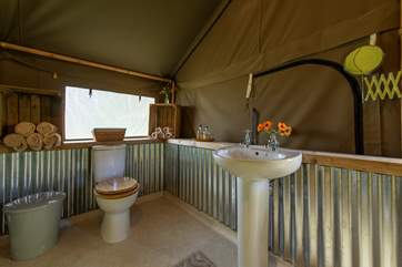 There is a proper flushing loo, wash-basin with hot and cold running water and a shower.