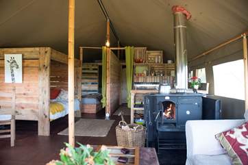 The wood-fired range doubles up as your heating and cooking appliance - there is also a 2 ring camping gas stove.