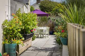 The patio is beautifully planted.