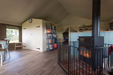 Looking from the living area towards the bedrooms. The enclosed cabin is one bedroom, and then there is a separate double bedroom and a twin bedroom.