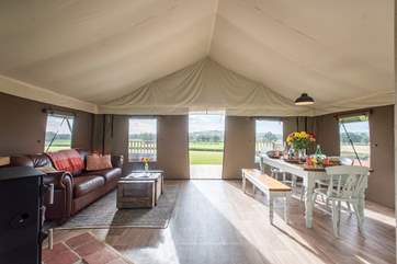 The spacious open plan living area in this super-size safari tent.