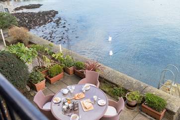 Looking down to the waterside terrace.