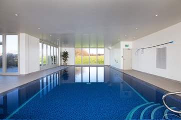 The heated indoor swimming pool in the spa has views across the valley to Wells Cathedral.