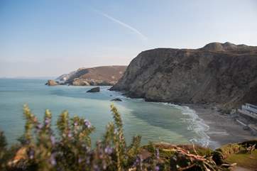 The view from outside The Hygge, with Trevaunance Cove closest (a three minute walk away) and Trevellas Cove beyond.