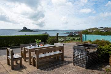 The sunny terrace with great views to St Michael's Mount.