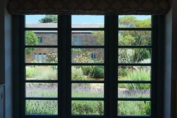 View through the window of the Mediterranean-style courtyard.