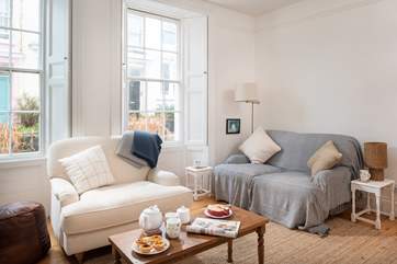 The house is decorated in calming coastal tones.
