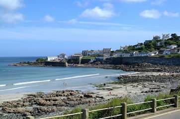 Looking back across the bay, The Loft is the little thatched cottage in the middle of the bottom row of houses.