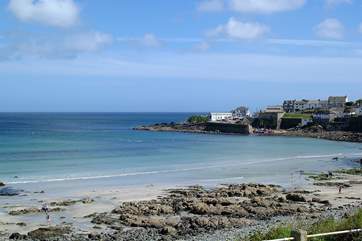 A view of the beach at low tide.