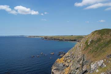 The fabulous views from Mullion Cove along the coastline towards Porthleven and Mounts Bay beyond.